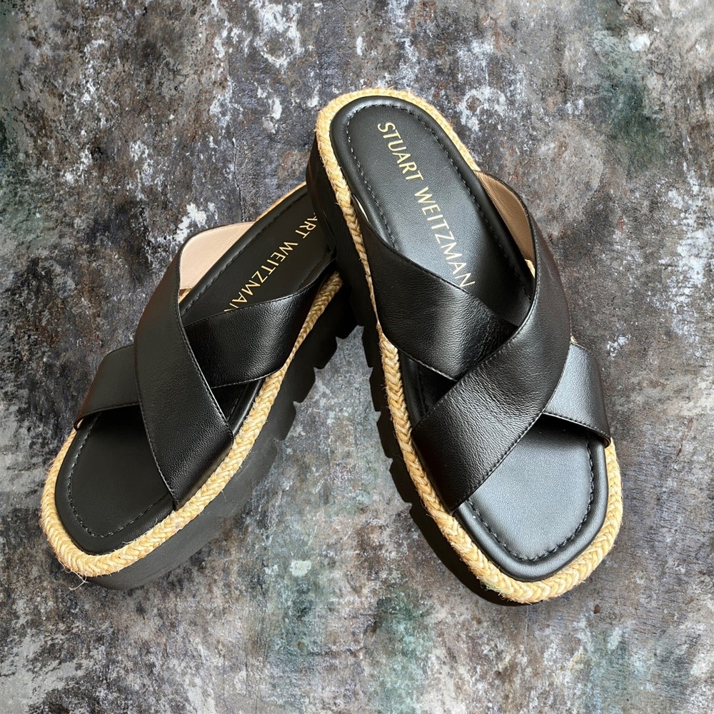 Stuart Weitzman size 7 Black Leather Crisscross Rope-Trim Sandals - Picture 2 of 8